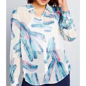 ModCloth Cactus Print Sheer Button Up Shirt Women's Plus Size 3X White Blue Pink
